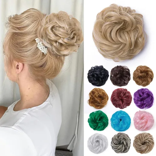 Miniatura 32 de Benehair Moño desordenado, pieza de pelo recogido para mujer, esponjoso, ondulado, moño con dona, moño sintético con banda elástica de goma