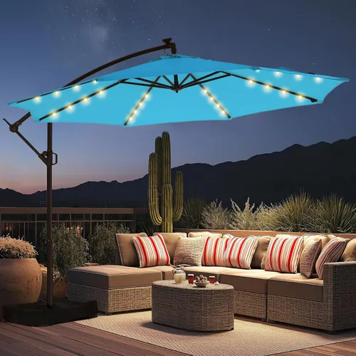 Miniatura 16 de HOMSHADE - Sombrilla de patio de 10 pies con luces solares, voladiza, con luz y base, sombrilla colgante para exteriores con protección UV UPF50+