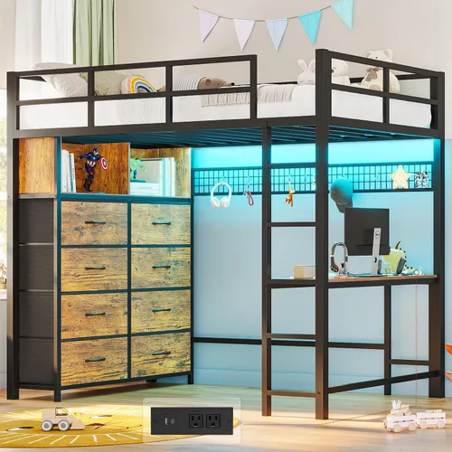 Miniatura 11 de ADORNEVE Cama tipo loft de tamaño individual con escritorio y 8 cajones de almacenamiento, cama alta de metal individual con luces LED y estación