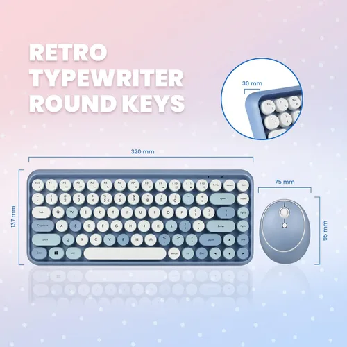 Miniatura 8 de Perixx PERIDUO-713BL Combo de Teclado y Ratón Inalámbrico Mini - Teclas Redondas Retro - Azul Pastel - Diseño de Teclado Inglés de EE. UU. (11909)