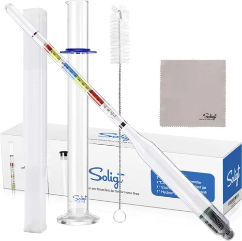SOLIGT Hidrómetro de triple escala y tarro de prueba de vidrio para vino, cerveza, aguamiel y sidra, kit de prueba ABV, Brix y gravedad