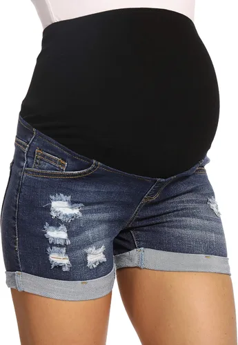V VOCNI Pantalones cortos de mezclilla de maternidad para mujer, cintura alta, desgastados, dobladillo con puños, pantalones cortos de mezclilla