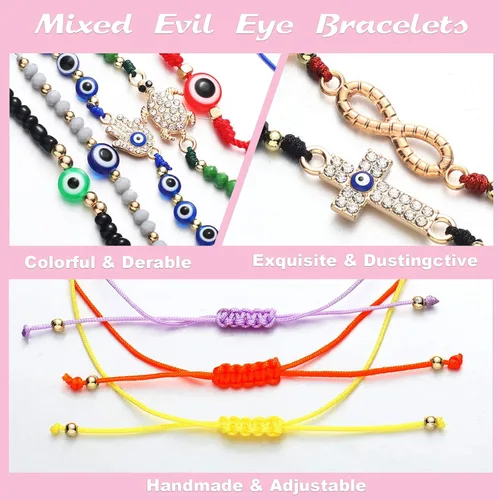 Miniatura 3 de WILLBOND 60 pulseras de ojo malvado pulseras mexicanas con nudo de cuerda pulseras de cuentas ajustables pulseras de eslabones de la suerte