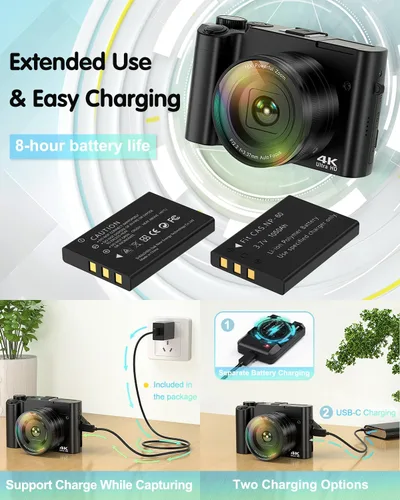 Miniatura 5 de Cámara digital 4K para fotografía, cámara de video de enfoque automático de 64 MP para YouTube con lente selfie, cámara de video compacta de viaje