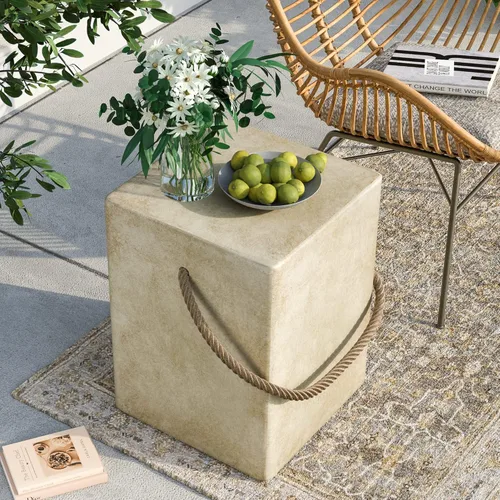 Miniatura 7 de SUNBURY Juego de 2 mesas auxiliares para exteriores, 2 piezas, mesa auxiliar de hormigón para patio, mesa decorativa pequeña de 18 pulgadas de alto