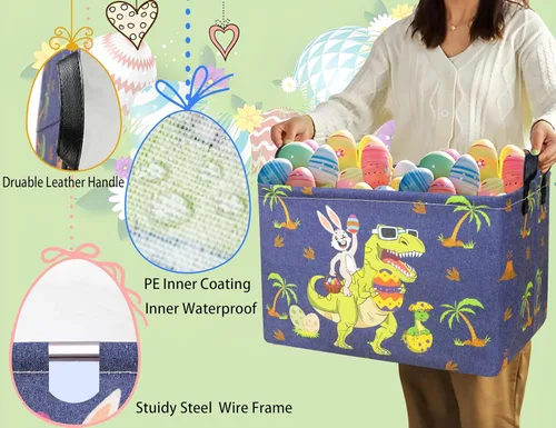 Miniatura 4 de Cestas de Pascua de dinosaurio grandes para niños, cesta de Pascua personalizada para bebé, color azul, decoración de primavera para niños