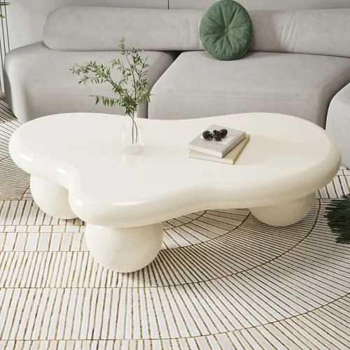 Miniatura 8 de Mesa de centro en forma de nube de 40 pulgadas, modernas mesas de centro ovaladas irregulares con 3 bases, mesa central color crema para dormitorio