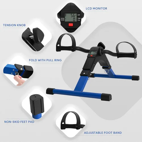Miniatura 4 de Ejercitador de pedal plegable - Mini bicicleta estática con pedales para debajo de escritorio con pantalla LCD para entrenamiento de brazos y Azul