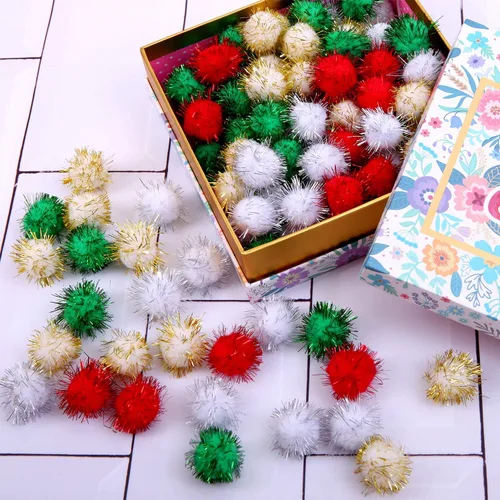 Miniatura 6 de Cooraby 200 pompones de Navidad con purpurina de colores surtidos (0.59 pulgadas)