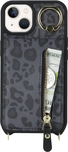 Miniatura 3 de Funda para iPhone 13 mini con tarjetero y correa para mujer, bolsa cruzada con soporte de anillo con cremallera para Apple 13mini, leopardo negro