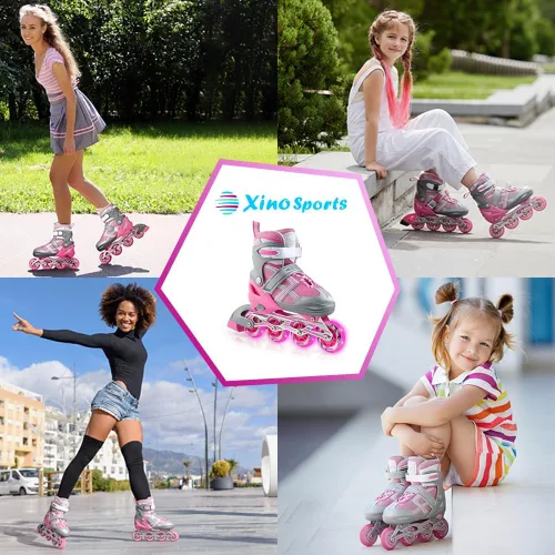 Miniatura 6 de Xino Sports Patines en línea para niños y niñas – Patines ajustables con ruedas iluminadas LED – Patines juveniles para interiores y exteriores Rosa