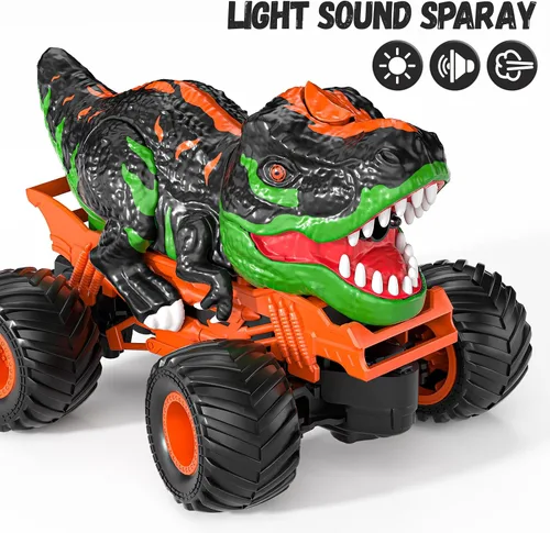 Miniatura 3 de TEMI Camión T-rex a control remoto para niños de 3 a 5 años, camión monstruo a escala 1:24 con rugido, luz y niebla en aerosol, camión de dinosaurio