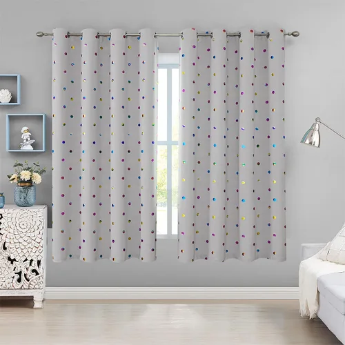 Cortinas opacas grises para habitación de niños, 54 pulgadas de largo, coloridos lunares metálicos impresos en cortinas para niños, sala de estar,
