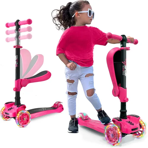 Hurtle Patinete de 3 ruedas para niños, luces LED de ruedas, manubrio ajustable de inclinación para dirigir y asiento plegable, paseo sentado o de