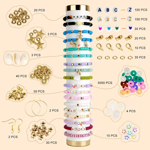 Miniatura 2 de JQEEYGV Kit de 5500 cuentas de arcilla para hacer pulseras, 24 colores, cuentas planas, para pulseras de amistad, con cuentas de letras, juego