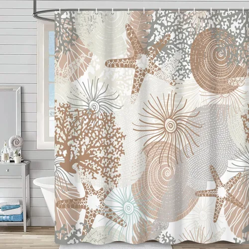 Miniatura 13 de Cortina de ducha náutica costera, cortina de baño con temática de playa y océano, decoración de baño con estrella de mar, coral, concha marina, tela