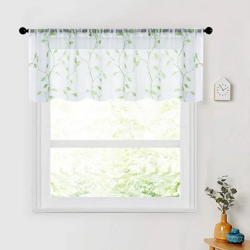 Miniatura 23 de MRTREES Cenefa de cortina transparente de Navidad, 2 paneles de cortinas bordadas con hojas pequeñas de 54 x 16 pulgadas, bolsillo para barra