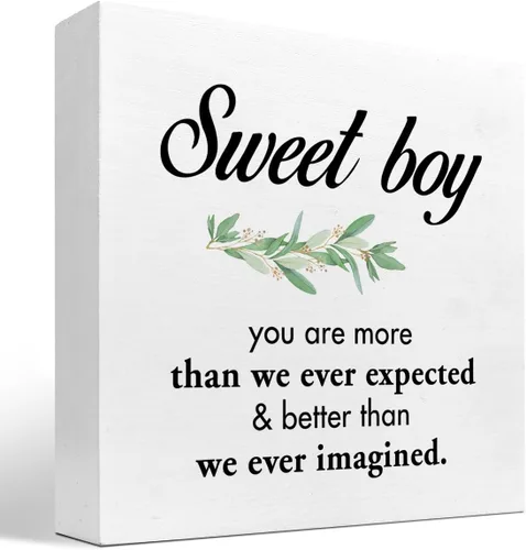 Letrero de madera con texto en inglés "Sweet Boy You are More Than We Ever Expected", con cita inspiradora, caja de madera, placa para niños,