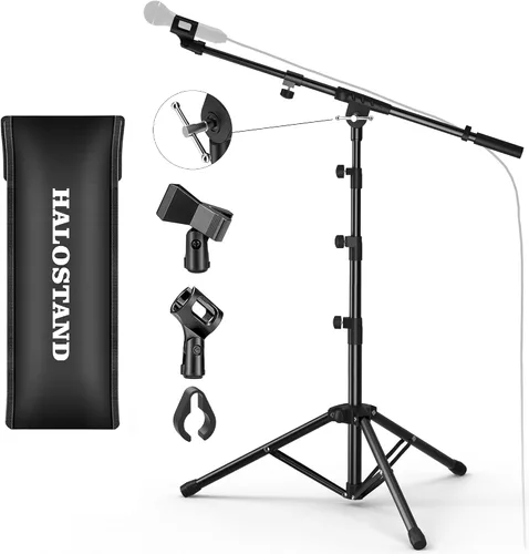 Miniatura 10 de Soporte de micrófono plegable para el suelo, trípode resistente, brazo con 2 tornillos, 2 clips de micrófono, 2 fundas de espuma y bolsa