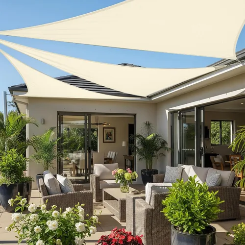 Cool Area Toldo tipo vela triangular de 10 x 10 x 10 pies para patio al aire libre, crema mantequilla