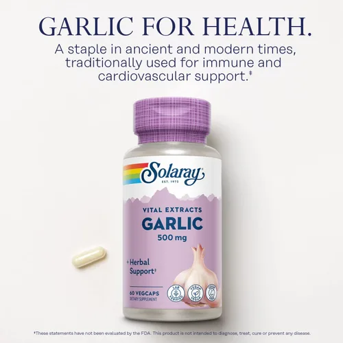 Miniatura 4 de SOLARAY Suplemento de ajo de 500 mg, vegano, extracto de ajo inodoro, utilizado tradicionalmente para la salud del corazón y el apoyo inmunológico