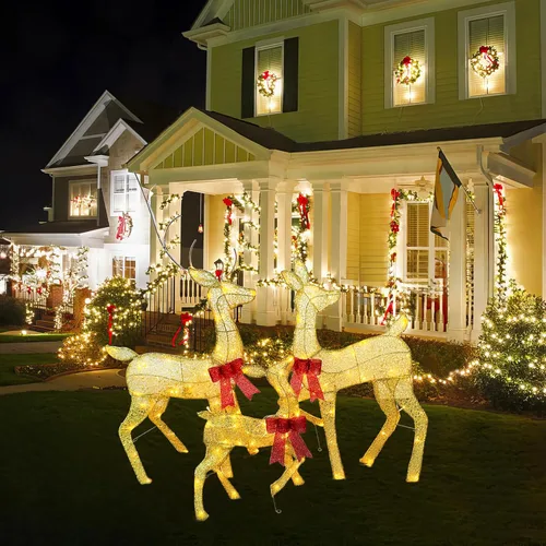 Miniatura 7 de Juego de decoración familiar de renos navideños grandes de 45 pulgadas, 3 piezas hechas a mano con estacas, material seguro LED Plug and Play