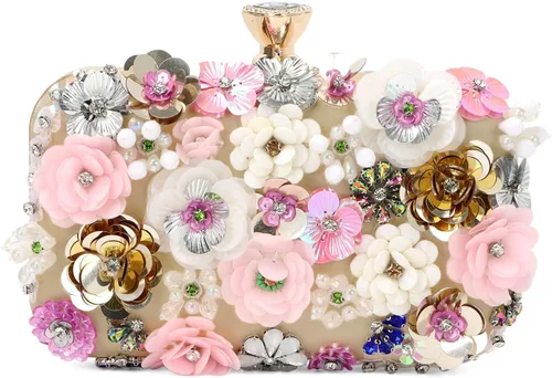Oweisong Monederos de embrague de flores 3D para mujer, color dorado, formal, boda, fiesta, noche, bolsos de cadena, bolso de hombro floral