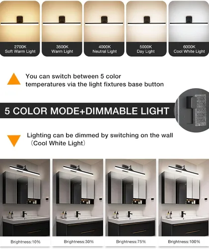 Miniatura 4 de Moderna lámpara de tocador negra ajustable LED para baño sobre espejo giratorio (negro, 23.6 pulgadas, 5CCT regulable)