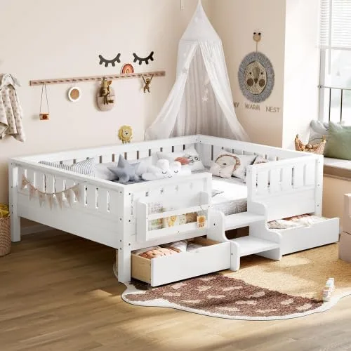Miniatura 19 de Bellemave Cama Montessori de tamaño Queen con 2 cajones y estantería, camas de suelo para niños con barandillas de seguridad y escaleras, marco