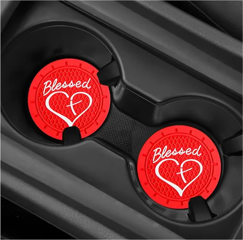 Miniatura 12 de 2 piezas posavasos para portavasos de automóvil, 2.76 pulgadas, PVC suave antideslizante, cruz bendita y corazón, posavasos cristianos para Negro