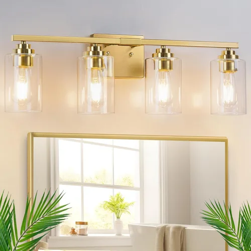 Miniatura 13 de Lámparas de baño de 3 luces, 19 pulgadas, modernas luces de tocador sobre espejo con pantallas de vidrio transparente, accesorio de luz marrón