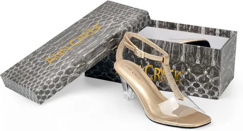 Miniatura 7 de ANN CREEK Sandalias de tacón transparente con correa en T y diamantes de imitación para mujer