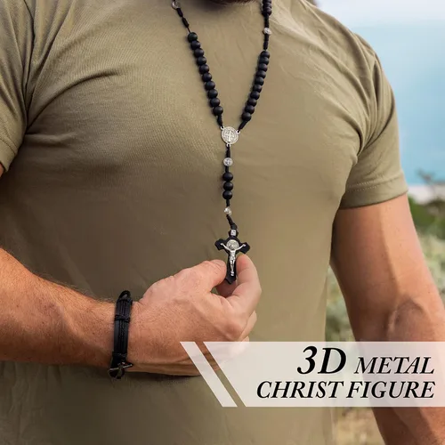 Miniatura 8 de MAZUNDA Cuentas de rosario, perfectas para hombres y grandes mujeres católicas con medalla de San Benito, pulseras de cruz de cuero de cortesía