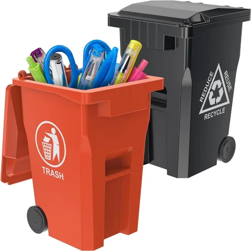 Wiosi Mini soporte para bolígrafos de basura para escritorio y pequeño contenedor de reciclaje, negro y naranja, paquete de 2 unidades,
