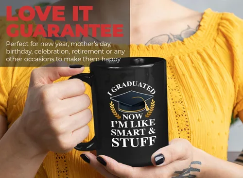 Miniatura 7 de Taza de café de graduación de 15 onzas, color negro, con texto en inglés «Now I'm Like Smart & Stuff – Chistes graduados divertidos, collage tonto