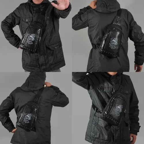 Miniatura 2 de Bolso bandolera pequeño de cuero genuino para hombres Crossbody, bolso negro de hombro de calavera para hombre, mochila de una sola correa, Negro
