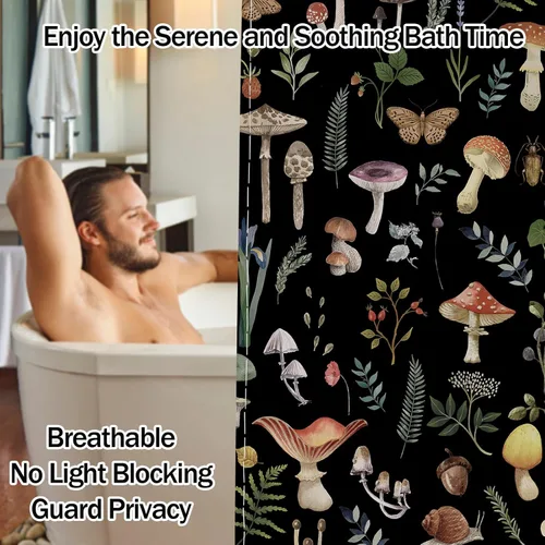 Miniatura 6 de Cortina de ducha de hongos, bonito juego de cortinas de ducha de hongos negros para decoración de baño, tela de poliéster impermeable con ganchos