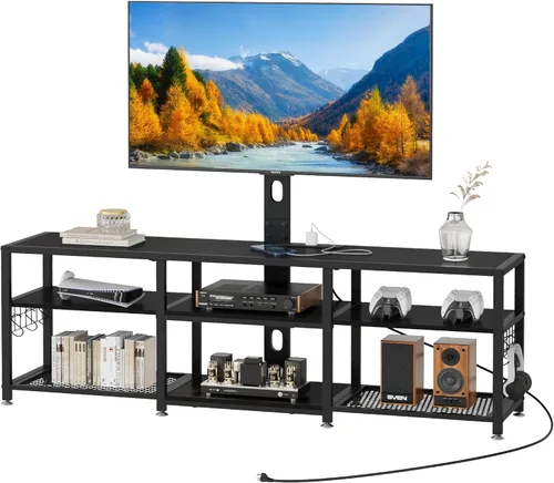 VECELO Soporte de TV con montaje y tomas de corriente, centro de entretenimiento para televisores de 60/65/70/75/80 pulgadas, consola multimedia