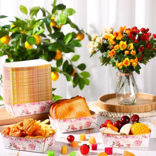 Miniatura 4 de Blulu 50 bandejas de papel para fiestas florales a granel, flores, té, botes, bandejas desechables para aperitivos para mujeres y niñas, fiesta