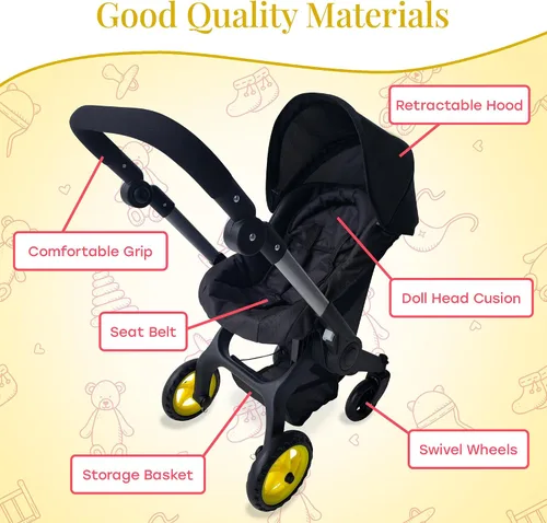 Miniatura 4 de Combo de Cochecito y Asiento de Coche para Muñeca Bebé – Cochecito de Muñeca Convertible 2 en 1 y Asiento de Coche para Niños – Se Adapta a Muñecas