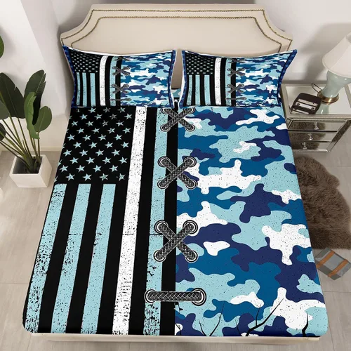 Miniatura 24 de Juego de ropa de cama de bandera estadounidense tamaño individual para niños, adolescentes y hombres, retro, verde militar, camuflaje, bandera
