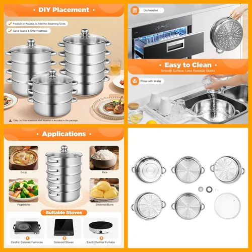 Miniatura 6 de Vaporizador de 10.2 in/10.24 pulgadas, olla de vapor de acero inoxidable de 5 niveles con tapa de vidrio transparente y asas, olla de vapor redonda