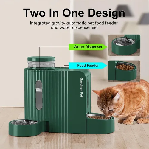 Miniatura 2 de Gardner Pet - Comedero automático para gatos por gravedad y dispensador de agua de acero inoxidable, juego dos en uno de gran capacidad para Verde
