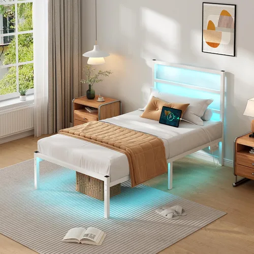 Miniatura 3 de CLIBFENG Base de cama individual con cabecero, soporte de listones de acero resistente, marco de cama LED con estación de carga USB, base de colchón