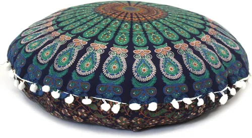 Miniatura 15 de Funda redonda para cojín de piso con mandala, estilo hippie, decorativa, bohemio, para puf otomano, con pompones, fundas de almohada, boho, indio