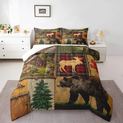 Miniatura 23 de Manfei Rutic Farmhouse - Juego de edredón tamaño King, juego de ropa de cama de retazos de madera a cuadros de ciervo, oso, árbol, 3 piezas
