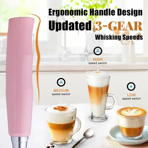Miniatura 3 de Nahida Espumador de Leche Rosa para Café, Espumador de Mano Recargable Batidor Eléctrico con 3 Cabezales, 3 Velocidades, Mezclador de Bebidas