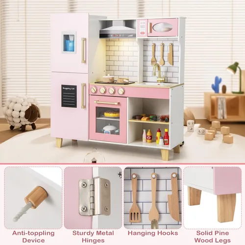 Miniatura 8 de Costzon Juego de Cocina Infantil de Madera, Cocina de Simulación con Parrilla BBQ, Fabricador de Hielo, Campana Extractora, Pizarra y Accesorios