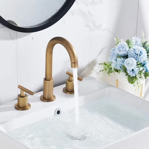 Miniatura 5 de Grifo de baño de 2 manijas 3 agujeros 360 caño giratorio latón antiguo grifo de fregadero de baño con drenaje desplegable Latón envejecido.