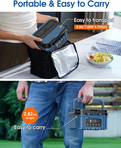 Miniatura 6 de Fiambrera eléctrica inalámbrica para adultos – Fiambrera calentada a batería con recipiente de acero inoxidable de 1.2 L, función de temporizador
